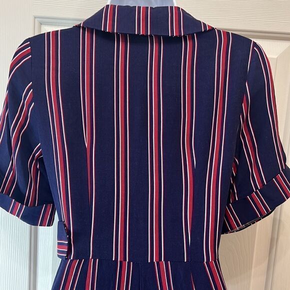 ASOS Pantsuit Sz 0 V Neck Collar Short Sleeve Navy Blue Red Striped Side Belted - Picture 6 of 15